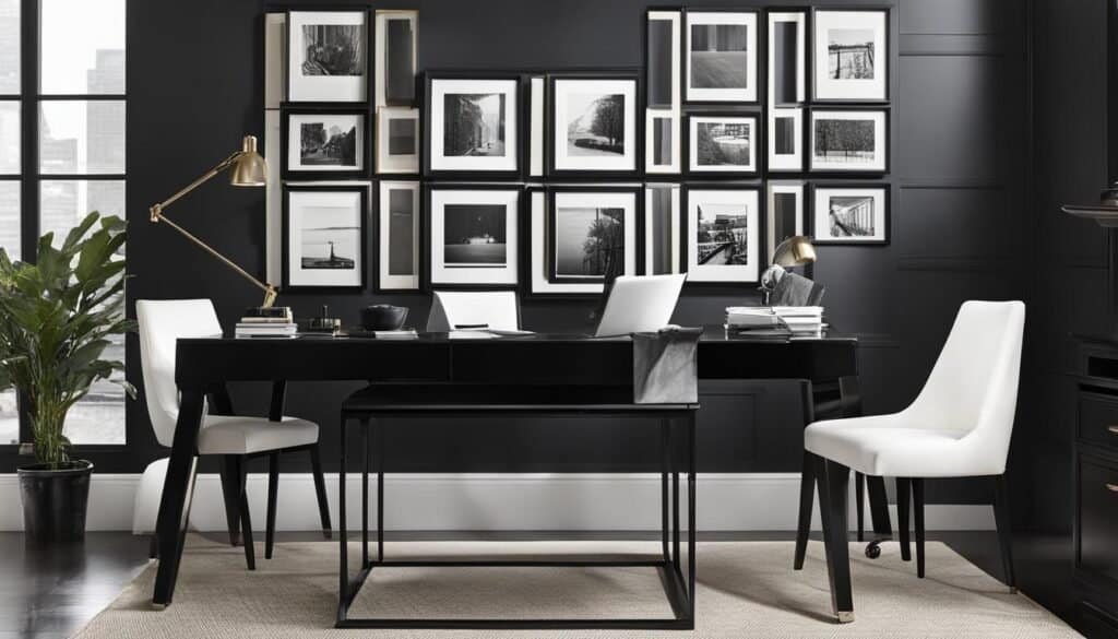 Framed photographs in a black and white home office